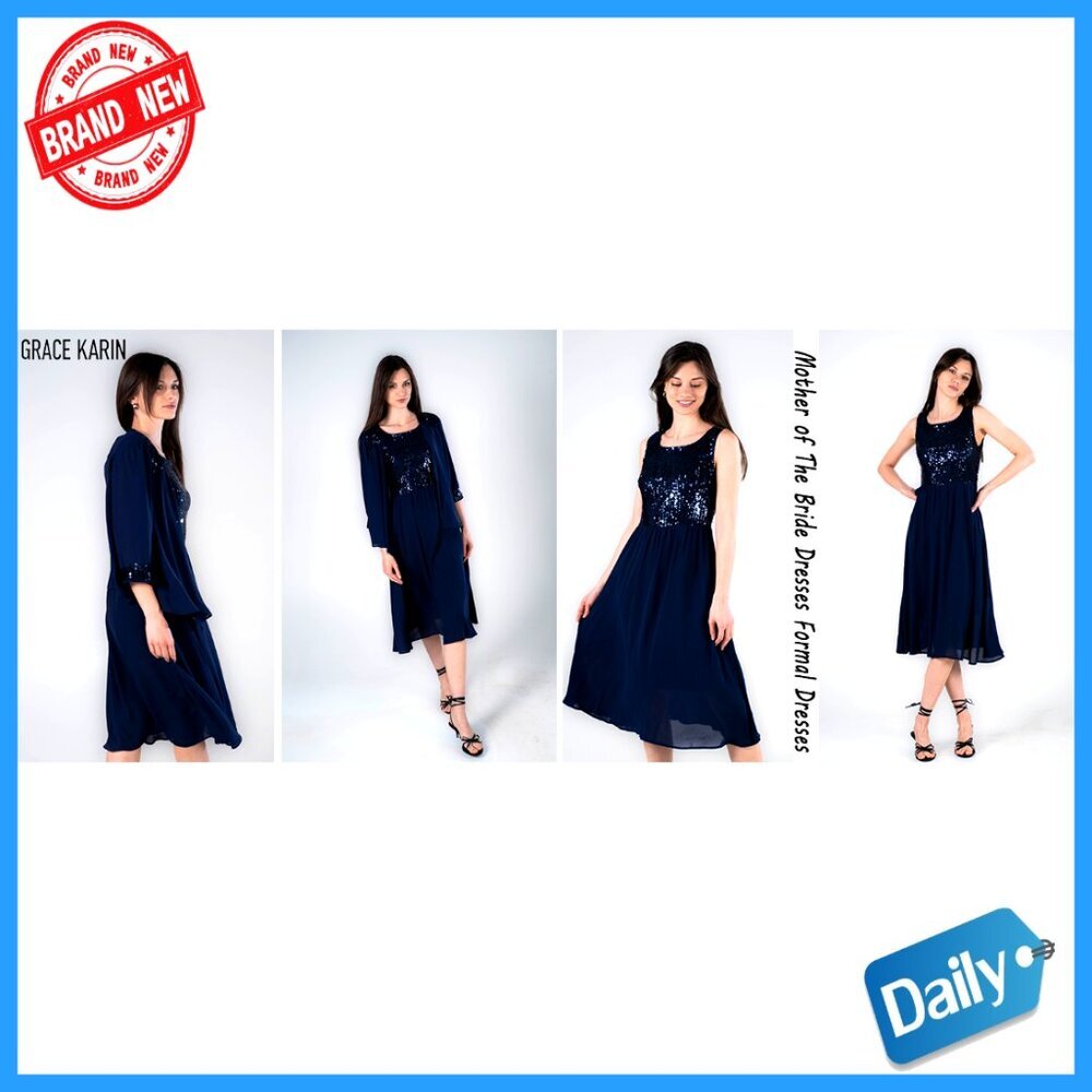 Two Piece Sequin Formal Dress with Jacket Tea Length Elegant Wedding Guest - Picture 7 of 7